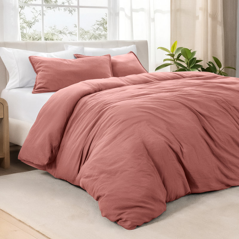 Washed Microfiber Duvet Cover Set, Dusty Rose, Oversized Queen Duvet Cover + 2 Standard Shams
