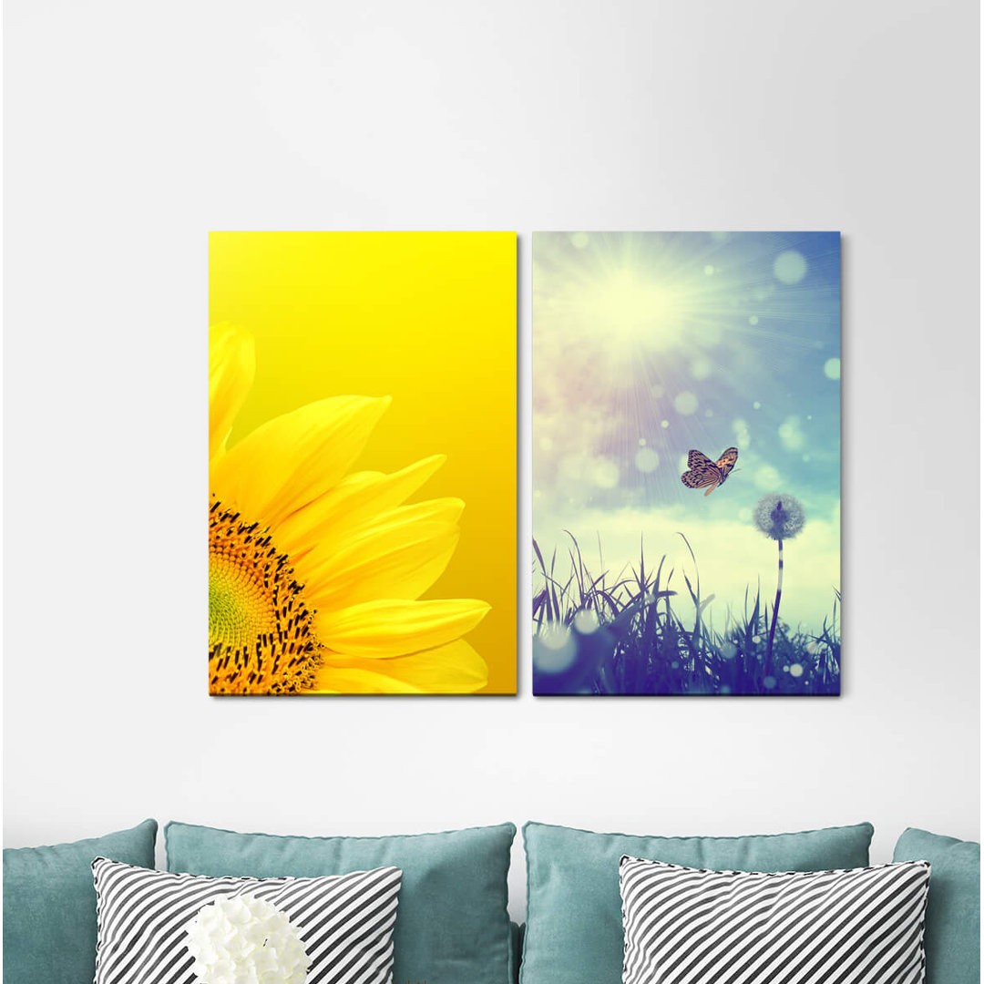 2-tlg. Leinwandbilder-Set - Fotografie "Sonnenblume-gelbe Blumen-Blau-Blüten-Nahaufnahme"