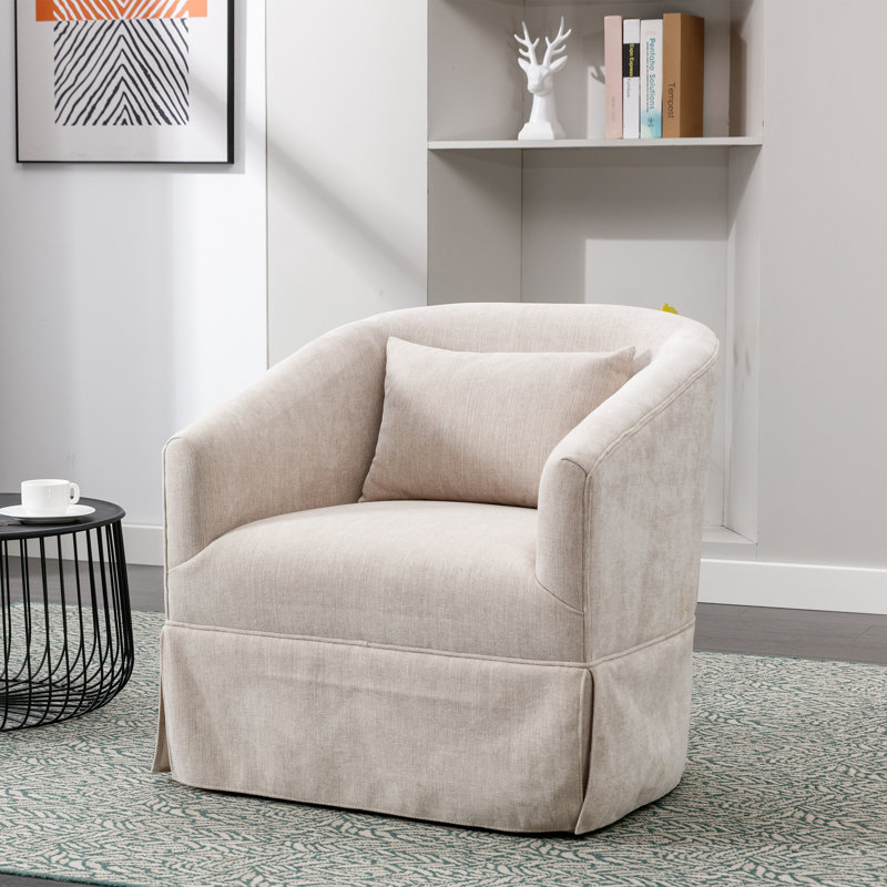 360-Degree Swivel Upholstered Armchair with Accent Pillow, Beige Linen Blend