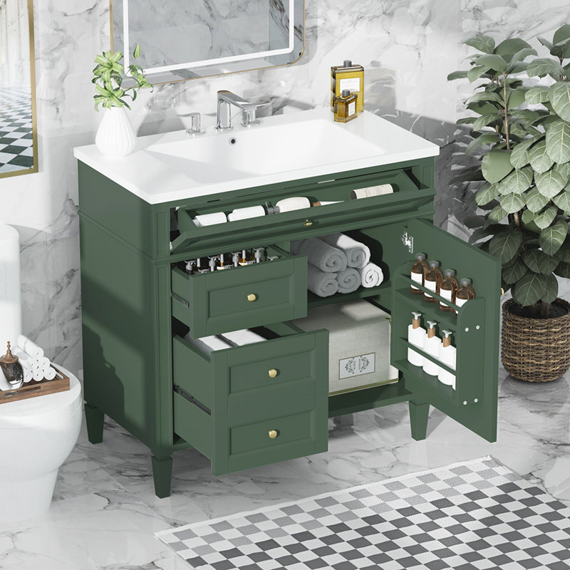 Dzoba 36.01'' Single Bathroom Vanity with Solid Wood Top, Green