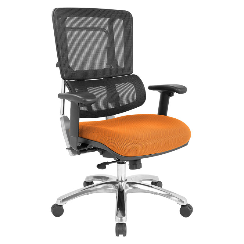 Chaise de travail ergonomique Pro-Line II, Aluminium poli, Tissu en filet orange / noir