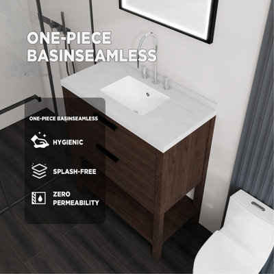 Meuble-lavabo autoportant de 76 cm avec lavabo, tiroir à fermeture amortie, comptoir et dosseret en marbre de Carrare reconstitué de 5 cm, contreplaqué