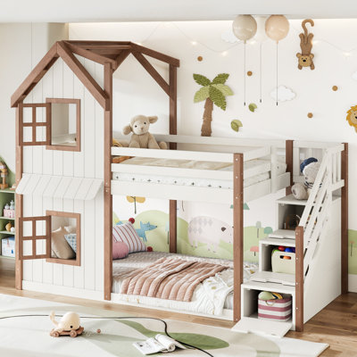 Twin over Twin House Bunk Bed with Storage Stairs, Kids Playhouse Bunk Bed with Roof & Windows, Solid Wood Frame, Beige & Natural