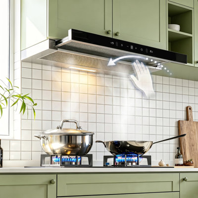 Hotte sous l'armoire / insert de 30 pouces, hotte de cuisine avec 750 pi³ / min, détection de geste à 3 vitesses et contrôle tactile, hotte en acier inoxydable avec panneau coulissant, lumières à DEL, 2 filtres en aluminium