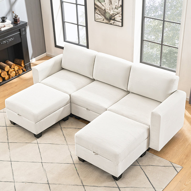 Canapé modulaire rembourré 5 pièces Ilyes, Lin gris pâle