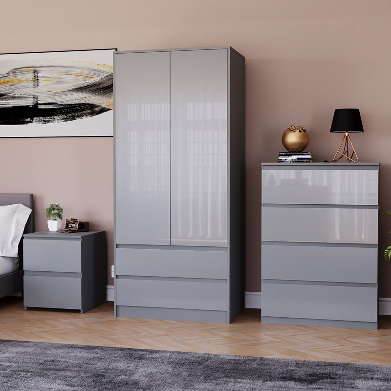 Oslo 3 Piece Bedroom Set (2 Drawer Bedside Chest, 4 Drawer Chest, 2 Door 2 Drawer Wardrobe), (100% FSC), Grey
