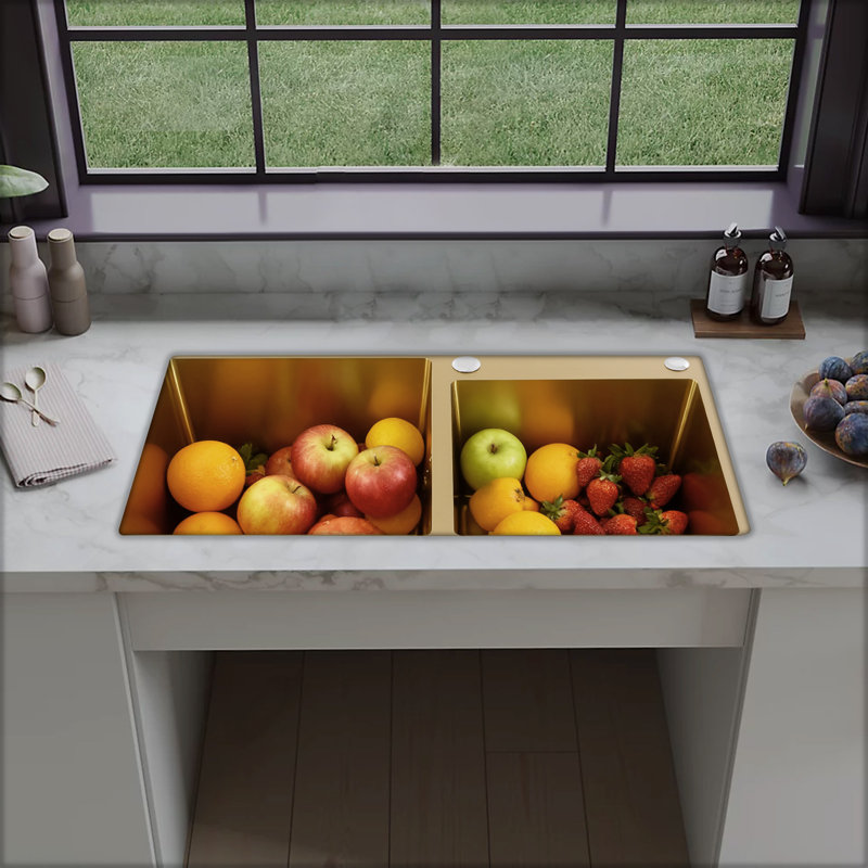 Modern Minimalist Rectangular Stainless Steel Dual Bowl Countertop Drop In Kitchen Sink, Gold