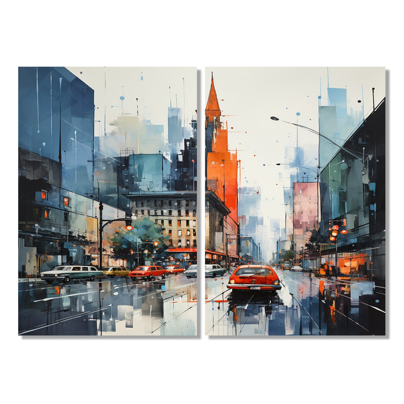 Bleu, gris, Mid Century, Mid-Century, Metropolis I - art mural moderne multicolore Mid-Century, H 36 po x l 48 po