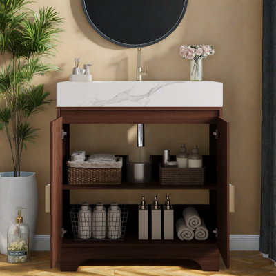 Meubles-lavabos modernes en noyer (incluant le meuble et le lavabo) ; rangement en pierre frittée de 76 cm pour petites salles de bain