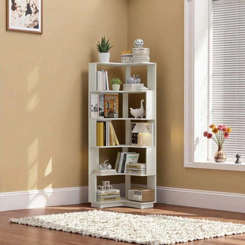 6-Tier Corner Bookcase – Space-Saving L-Shaped Shelf with Anti-Tip Safety, White
