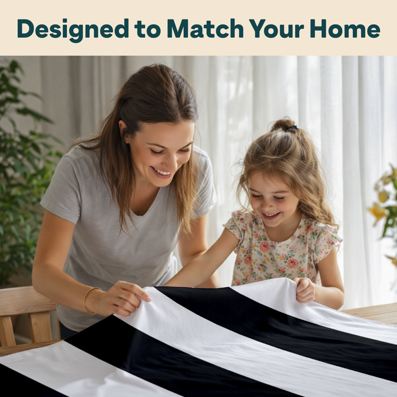 Caius Cabana Stripe Rectangular Washable Polyester Tablecloth for Dining Linen, Black / White