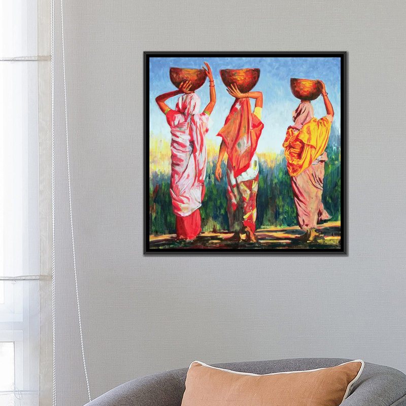 « three féminins », reproduction sur toile, H 18 po x l 18 po x P 1,5 po, Toile avec cadre noir, Pas de tapis