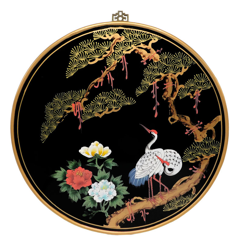Panneau mural rond oriental peint à la main avec grue et paysage asiatique, H 24 po x l 24 po