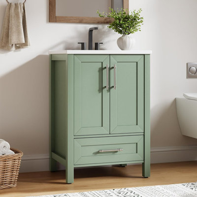 24" Light Green Bathroom Vanity with Ceramic Sink, 1 Drawer & 2 Soft Closing Doors, Single Sink Vanity with Integral Top