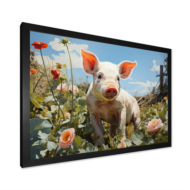 «Cute Pig jouant dans des fleurs I», reproduction d'art sur toile, H 30 po x l 40 po x P 1,5 po, Cadre simple noir