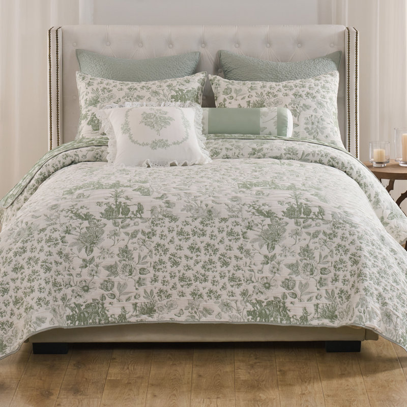 Toile Patch Jacquard Reversible Coverlet Set, Sage, Queen Coverlet + 2 Standard Shams