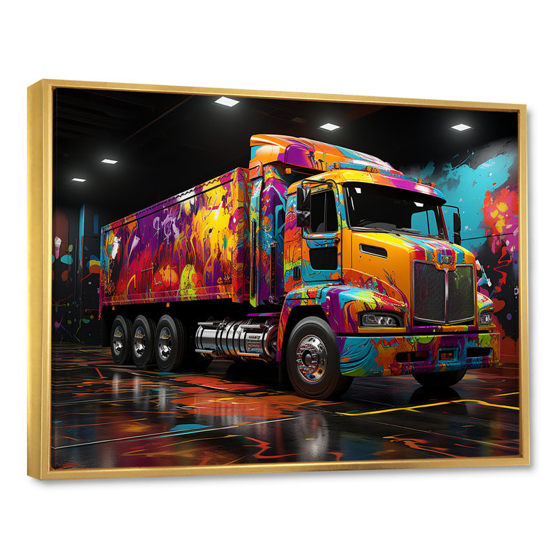 Street Art Semi Trailer Truck sur toile, Cadre flottant doré, H 16 po x l 32 po x P 1 po