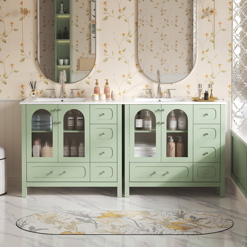 Armoire de salle de bain 72 po avec portes à texture gaufrée, grand meuble-lavabo avec huit tiroirs, quatre portes à fermeture en douceur et comptoir double, rangement de salle de bain avec portes en verre