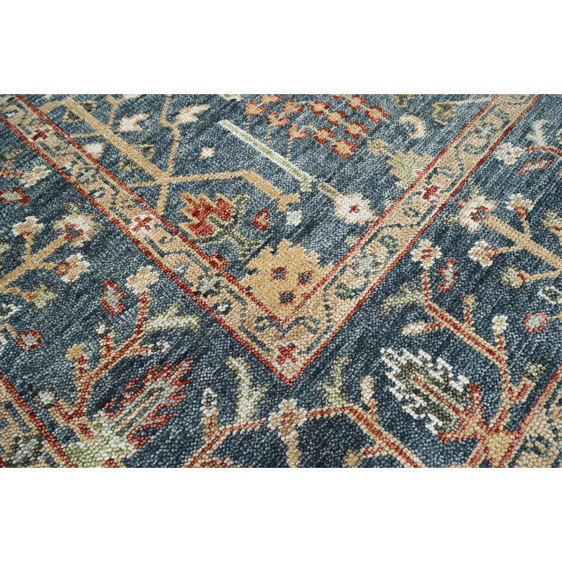 Tapis bleu / beige / brun en laine noué à la main Southwestern, Rectangle 5 pi 8 po x 8 pi 7 po