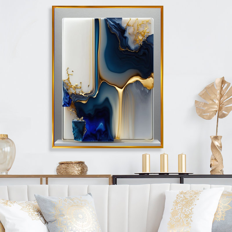 Géode abstraite dorée et bleue, forme I - art mural abstrait en marbre, L 30 po x H 40 po, Toile avec cadre flottant or