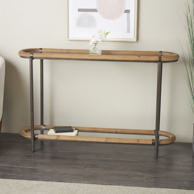 Cole And Grey Metal Oval 1 Shelf Console Table With Brown Wooden Framed Glass Tabletop