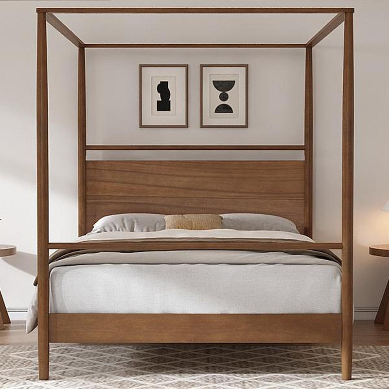 Solid Wood Canopy Bed Frame Four Posters Bed No Box Spring Needed,Full Size,Walnut