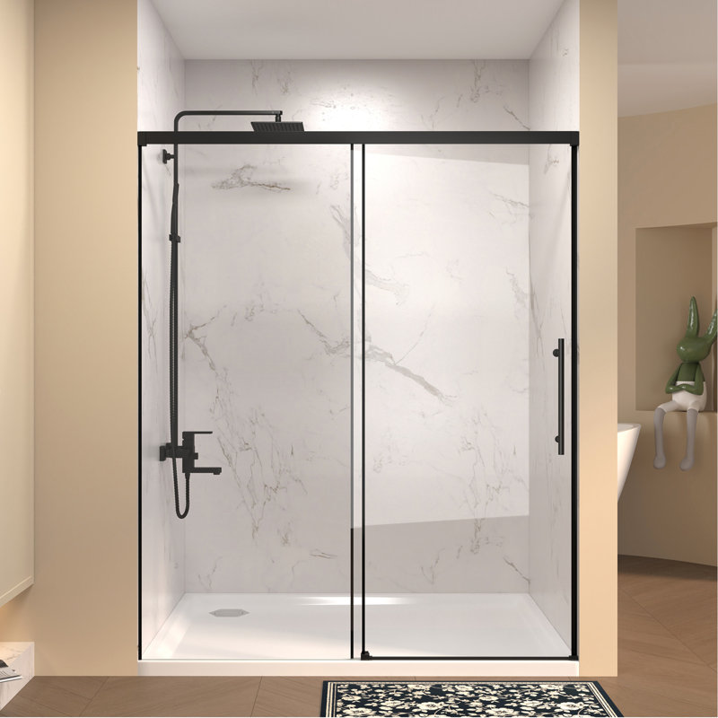 Porte de douche coulissante simple l 60 po x H 72 po, verre fixe de 5 mm et verre coulissant de 6 mm sans cadre, verre trempé transparent, poignée en acier inoxydable, noir mat