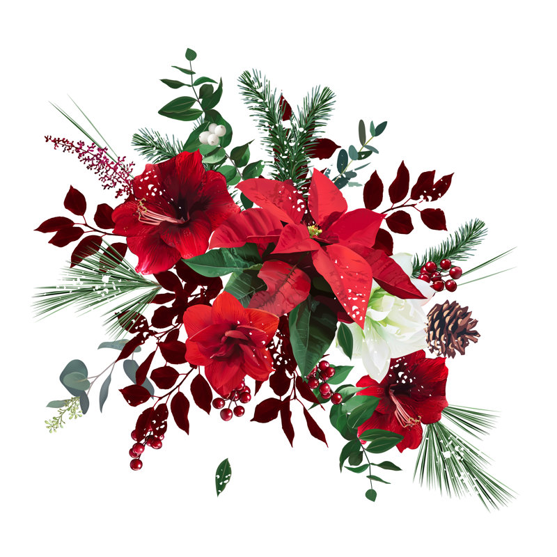 Merry Christmas Floral Vector Bouquet. Red And White Amaryllis, Poinsettia by Lavendertime - Wrapped Canvas Print