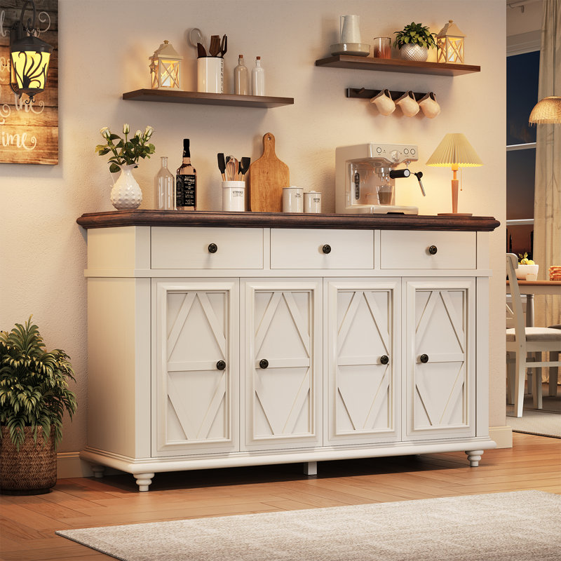 Buffet de style champêtre de 55 po de large avec comptoir en bois massif, Blanc / Brun