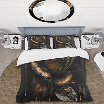Black And Gold Rose III - Floral Rose Duvet Cover Set - Microfiber Polyester