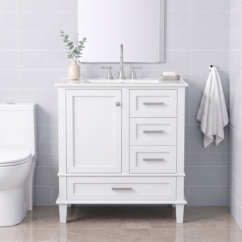 Meuble-lavabo moderne autoportant de 30 pouces avec lavabo simple en céramique intégrée, cadre en bois massif, porte à fermeture en douceur et 3 tiroirs.