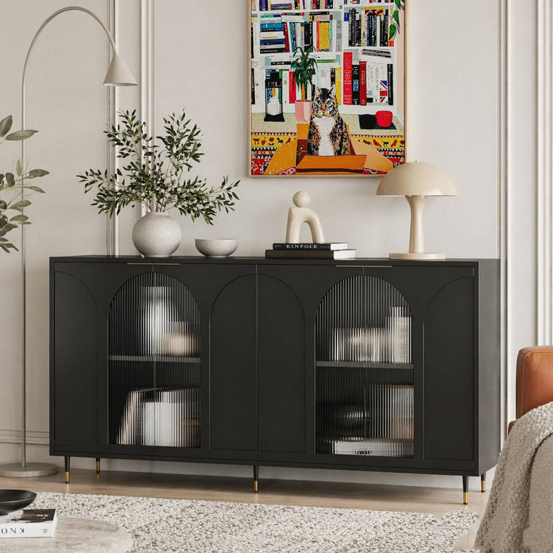 Armoire en bois noir laqué à 4 portes avec portes en verre