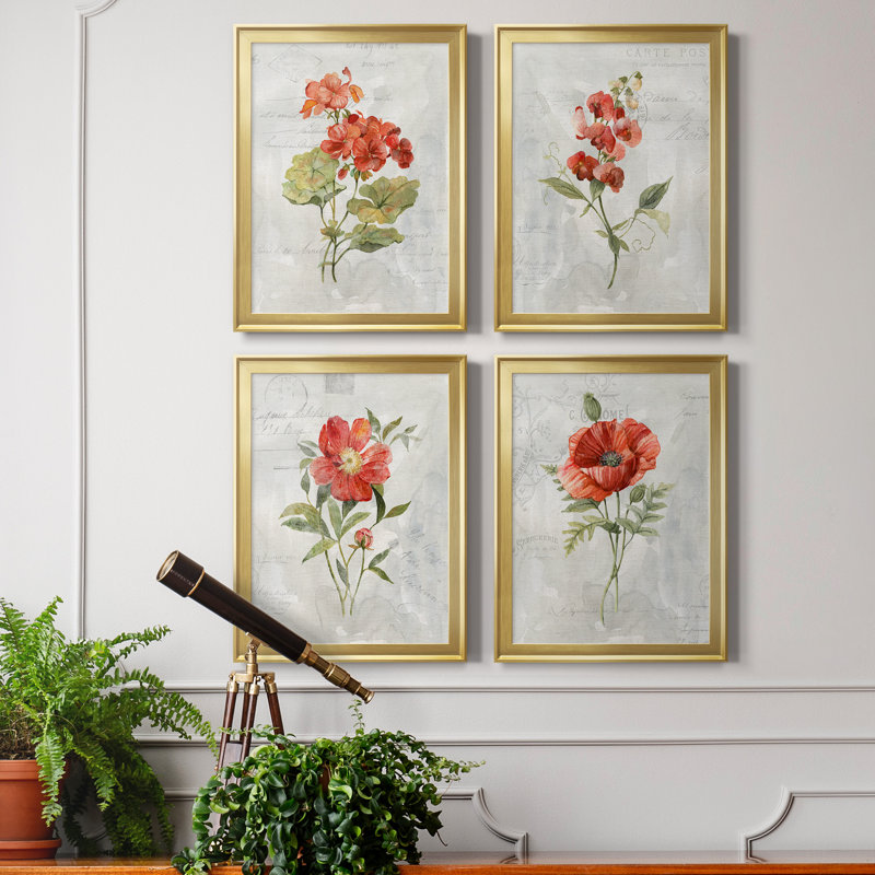 Lin géranium - ensemble de 4 peintures sur toile encadrées, H 18,5 po x l 98 po x P 1,5 po, Or