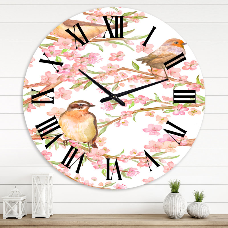 Branches de fleurs d'amandier et de jolis oiseaux - Horloge murale traditionnelle, Grand