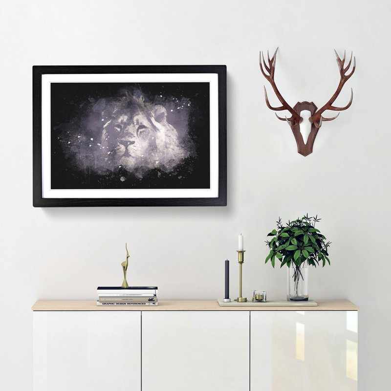 Lion In The Mist Paint Splash - Picture Frame Graphic Art, Black Framed, 60cm H x 91cm W x 2cm D
