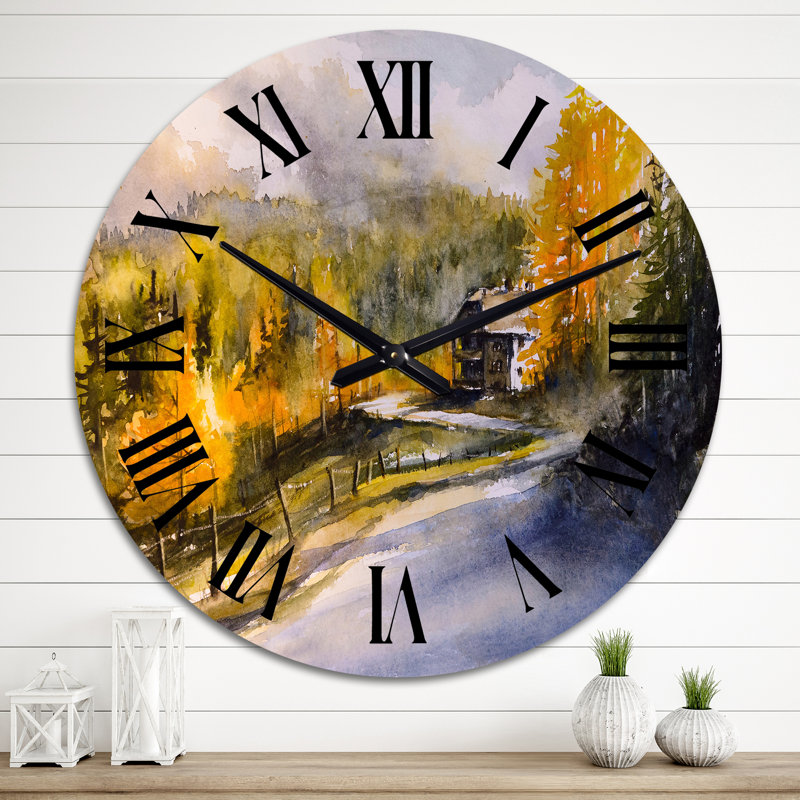 Paysage d'automne avec des arbres jaune, orange et vert - Horloge murale traditionnelle, Surdimensionné