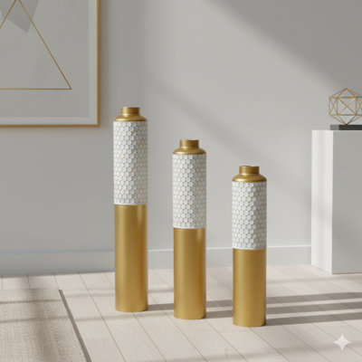 A Set Of Three Decorative Metal Vases With A Gold And White Hexagonal Pattern. These Floor Vases, Standing At 32.6, 28.34, And 24 Inches Tall, Are Designed For Home Decor And Serve As A Centerpiece For Modern Farmhouse Or Glam Living Room Entryways (Base