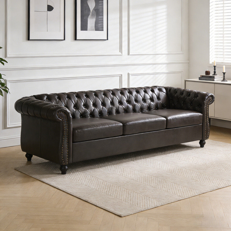 Canapé Chesterfield de 84 po, canapé capitonné 3 places avec garniture cloutée et accoudoirs à volutes, causeuse à profil bas pour salon, canapé d'appartement