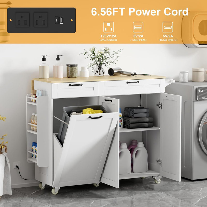 Rolling Kitchen Island With Power Outlet & Drop Leaf, Kitchen Island Cart, White