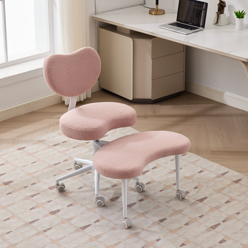Pink Cross-Leg Sit-Stand Office Chair With Wheels - Designed For Individuals With Attention Deficit Hyperactivity Disorder (ADHD), It Features Lumbar Support And An Adjustable-Height Stool, Providing Flexible Seating For A Home Office.
