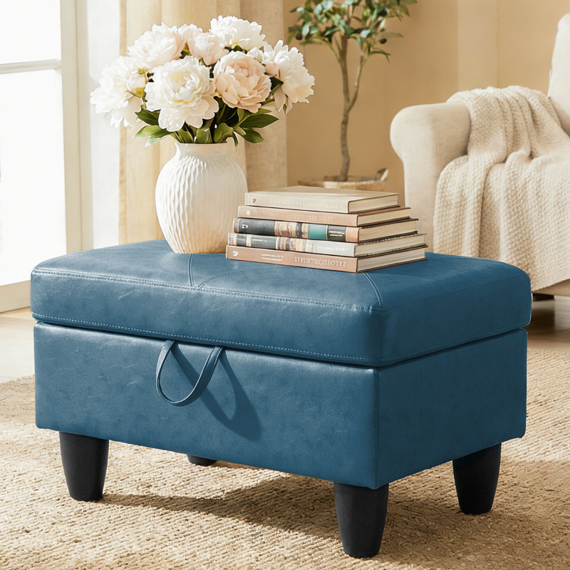 Rectangular Storage Ottoman Bench, Faux Leather Footrest With Hinged Lid, Coffee Table Stool For Living Room, Bedroom, Entryway, Navy Blue