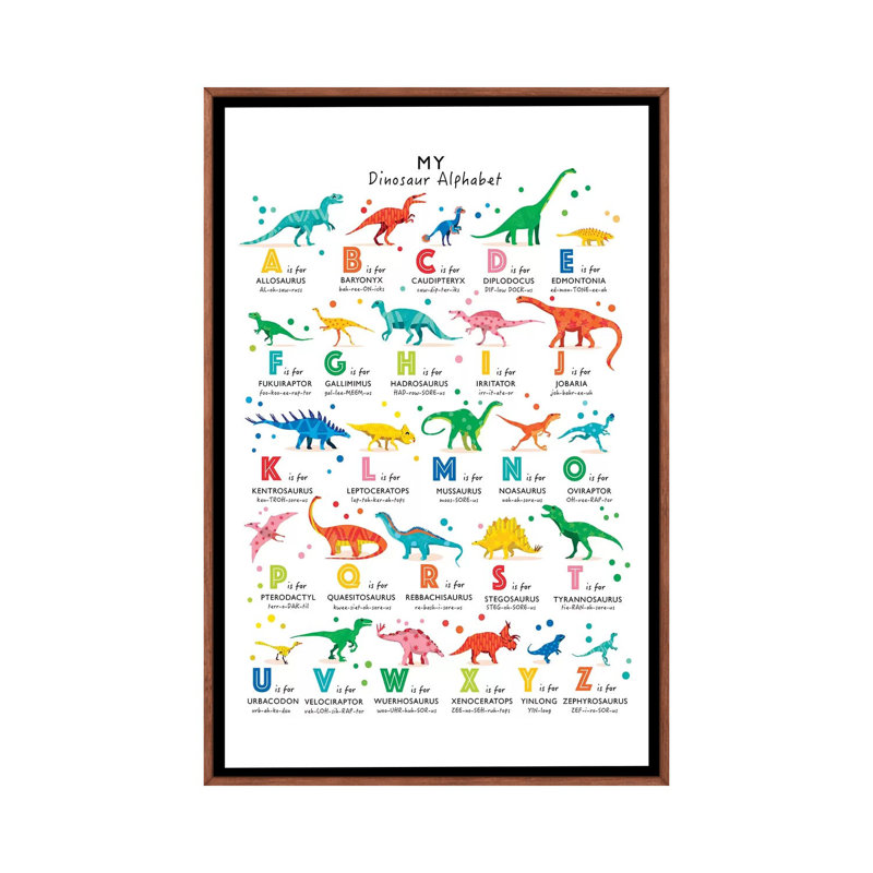 Bright Dinosaur Alphabet - Wrapped Canvas Print, 152.5 cm H x 101.5 cm W, Classic Brown Wood Framed