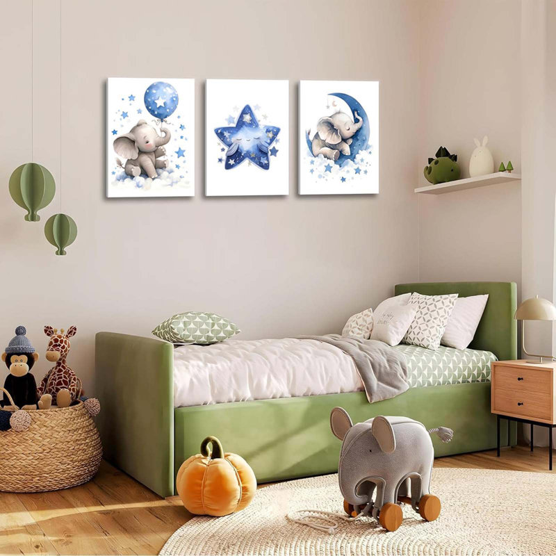 Elephant Nursery Wall Decor,Blue Moon And Stars Picture Painting,Baby Girl Room Decor,Nursery Canvas Wall Art,Cute Animal Poster Prints Set Of 3 For Bedroom 16X24 Framed