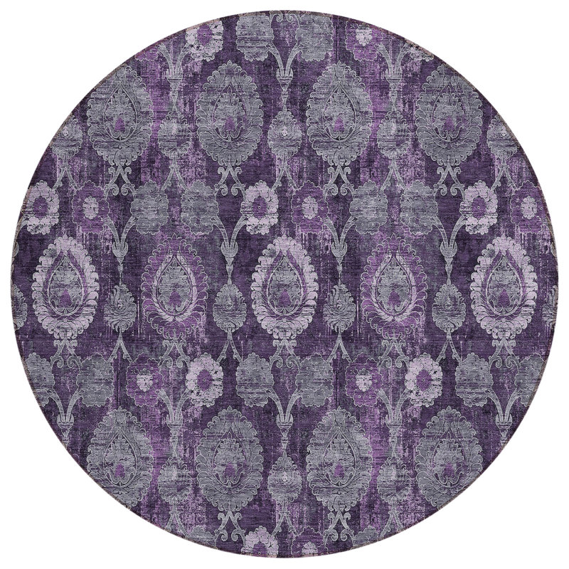 Tapis mauve / gris en polyester tissé à la machine Malchow, Rond 8 pi