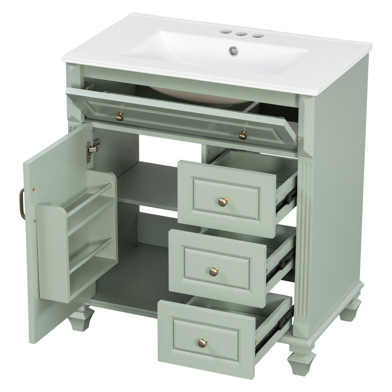 Meuble-lavabo autoportant de 76 cm avec lavabo, tiroir rabattable, 3 tiroirs et armoire de rangement, vert