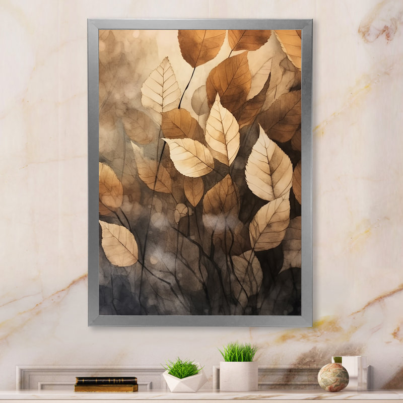«Brown Beige Leafs Harmony V», reproduction sur toile, Cadre simple argenté, H 20 po x l 12 po x P 1 po