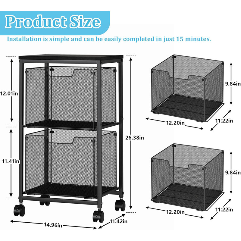 Black Rolling File Cart - 2 Storage Drawers, Under Desk Hanging File Organizer With Wheels (Printer Stand Utility Craft Cart For Home Office)