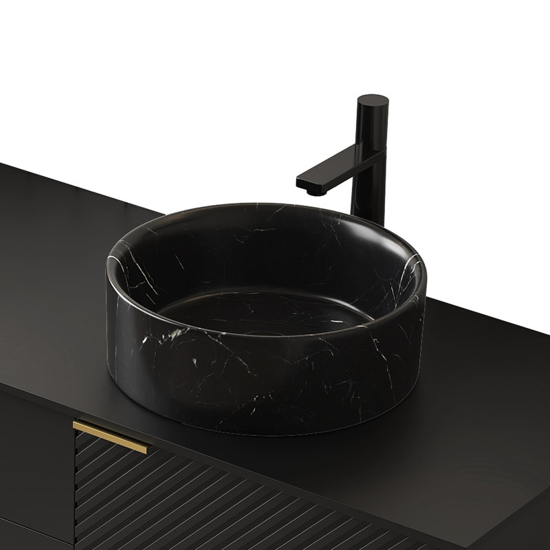 Lavabo de salle de bain rond en céramique 14 po Magdalene, motif de pierre, noir mat, lavabo, facile à entretenir, 13,81 po de profondeur, poids de 15,31 lb avec textures veinées gris vif, et teinture -, largeur, 4,59 po,
