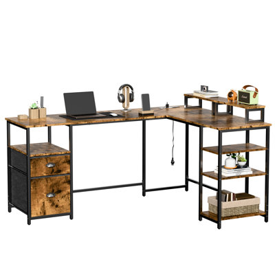 66“ L Shaped Large Corner Computer Desk & Gaming Desk with Charging Statio&Adjustable Monitor Stands, Rustic Brown Home Office Desk