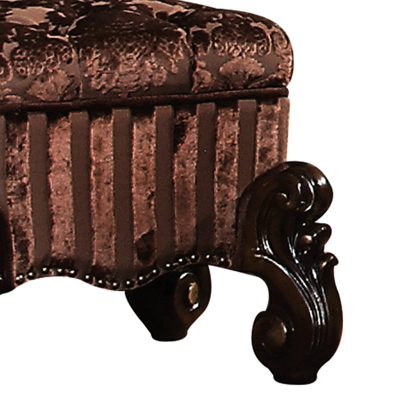 Tabouret de meuble-lavabo de luxe en chêne cerise et tissu brun avec pieds capitonnés à finition antique